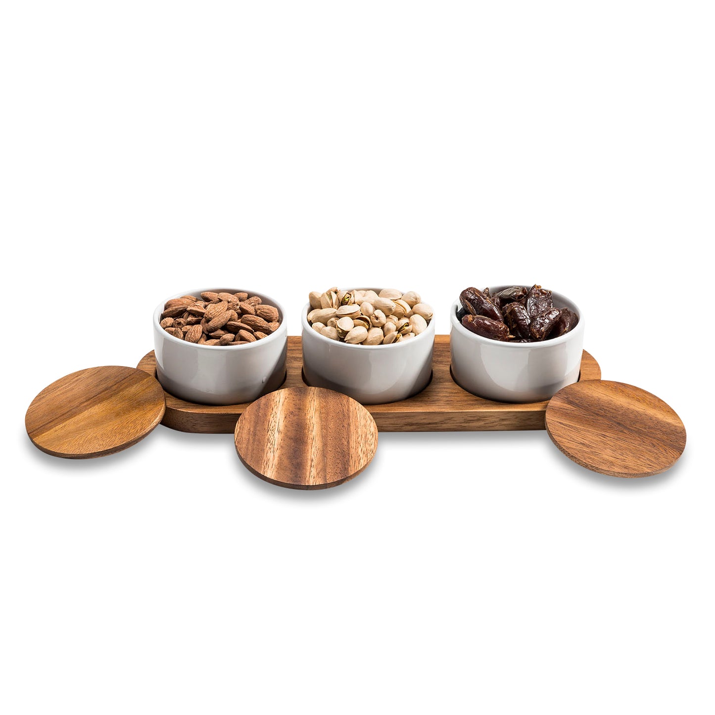 Ceramic Condiment Set on Acacia Wood Base  13" x 3.75"